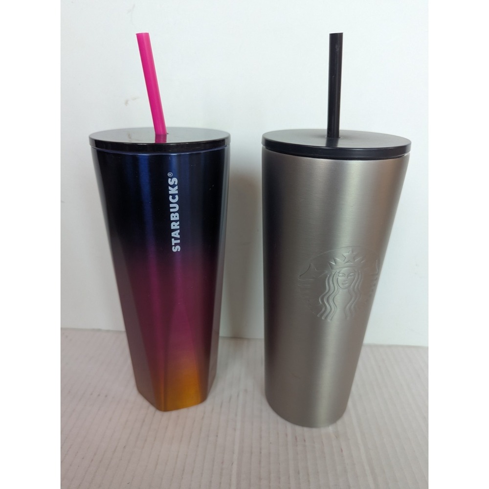 Set Of 2 Starbucks Metal Gradient Color Purple & Stainless Silver Tumbler 24 Oz